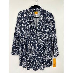 Ruby Rd. Woman Cowl Neck Pull Over Top Floral Metallic Blue 2X NEW